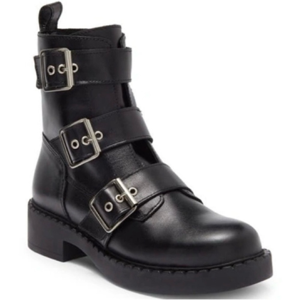 NWOT STEVE MADDEN Arlette Triple Buckle Black Leather Moto Boot Size 8